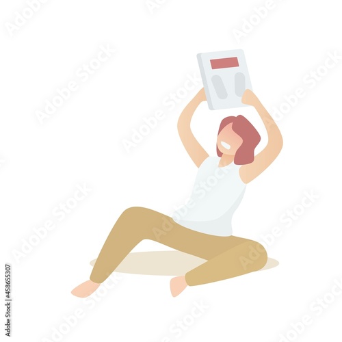 woman feel unhappy depressed and frustrated with weight loss fail,Anxious about your own weight,throwing scales,Eating disorder,anorexia mental disorder or psychological,Vector illustration.