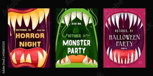 Halloween party vector flyers with monster mouths. Cartoon invitation posters with open toothy jaws with sharp teeth, dripping saliva and tongues. Happy Halloween horror night event invite cards set