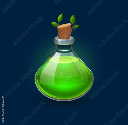 Witchcraft green potion in bottle, growth elixir or witch spell vial, cartoon vector. Magic glass jar with leaf and cork to grow, wizard poison flask for game asset of alchemist chemistry