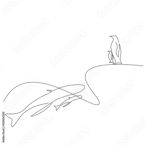 Penguins and whales animals line drawing vector illustration