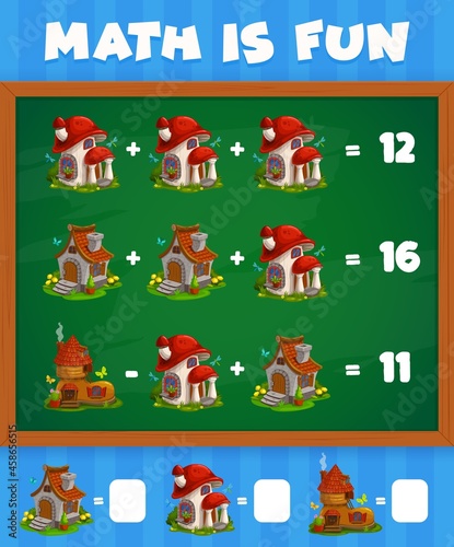 Math game worksheet with cartoon boot and mushroom fairy houses. Education maze for kids, children logical riddle or child quiz, playing activity with calculation task, objects counting exercise