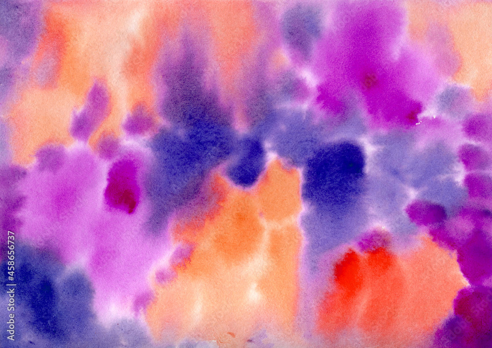 Multicolored Watercolor hand drawn abstract Background. Orange, lilac, violet and purple colorful Watercolour Spots and Splashes Blobs texture. Multicolor Backdrop of Spot for packaging and web - obrazy, fototapety, plakaty 