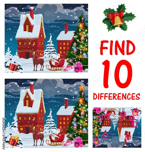 Children Christmas maze or game page. Find ten differences playing activity for kids, preschooler child logic riddle. Santa Claus riding sleigh with reindeer, Christmas tree on city street vector