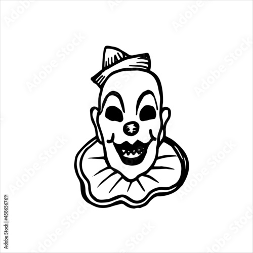 bald clown head without eyes with sharp teeth - vector drawing in engraving style. portrait of a scary clown vampire. © Kamila Bay