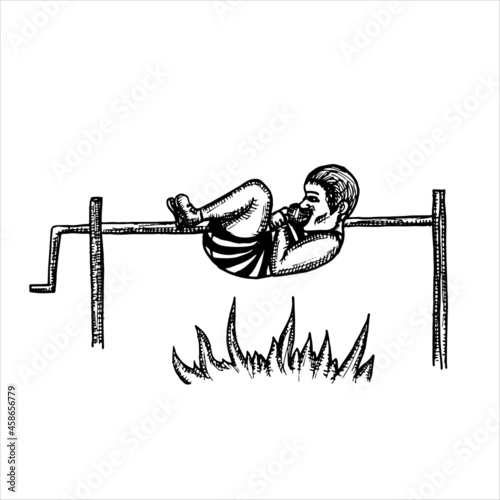 dwarf man in a striped vintage bathing suit with an apple in his teeth hanging tied to a skewer over a bonfire - vector drawing in engraving style. halloween circus concept
