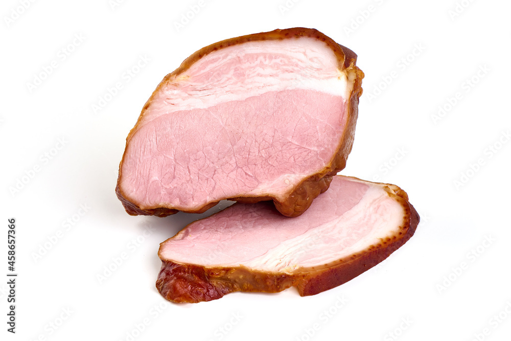 Smoked loin with slices, isolated on white background.