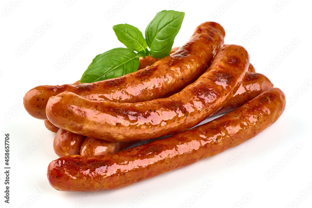 Grilled bbq sausages on the barbecue, isolated on white background. Grilled bbq sausages on the barbecue, isolated on white background.