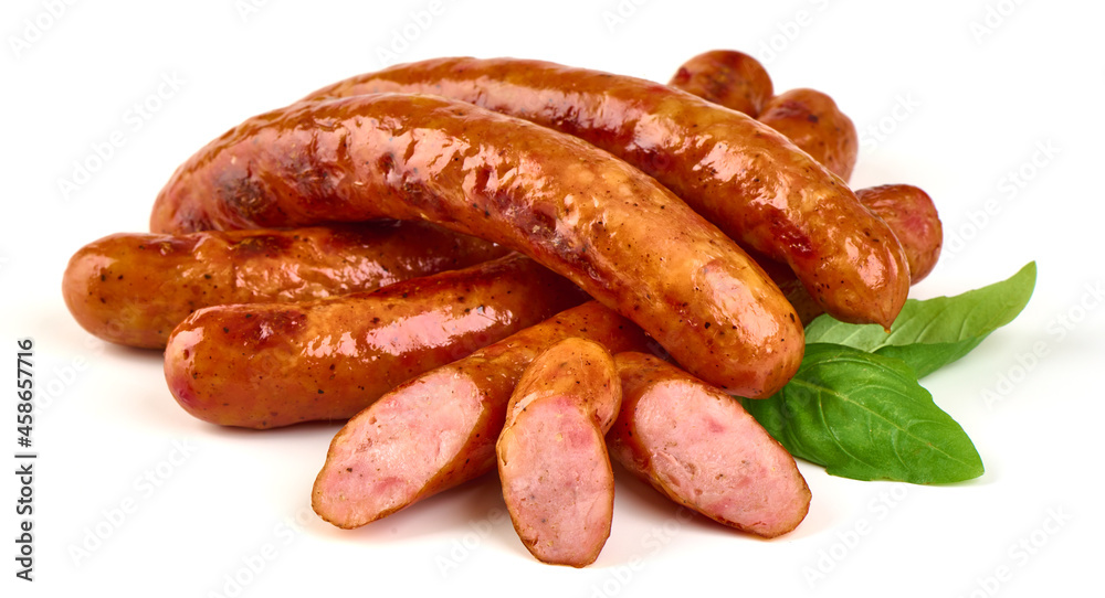 Grilled bbq sausages on the barbecue, isolated on white background. Grilled bbq sausages on the barbecue, isolated on white background.