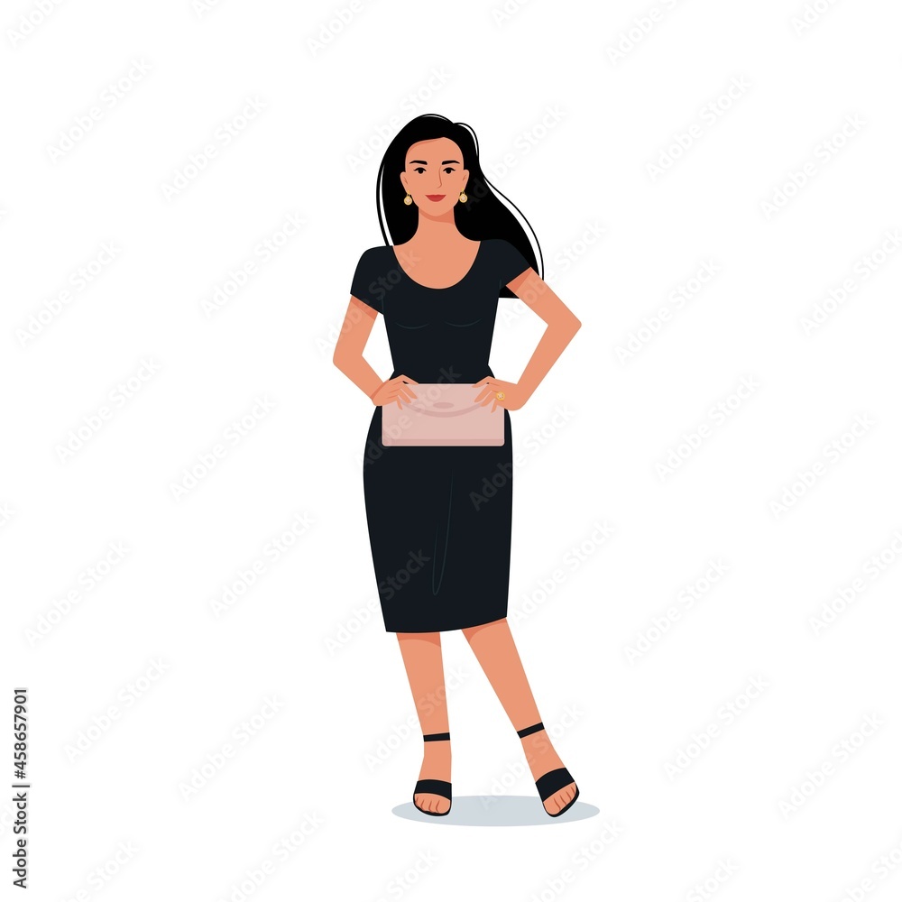 Elegant young woman in an evening black dress with a clutch in her hands. Vector female character in flat style. Elegant young woman in an evening black dress with a clutch in her hands. Vector female character in flat style.