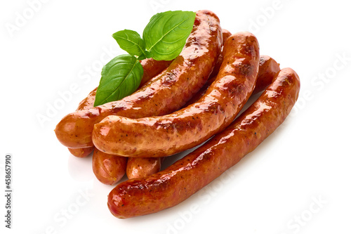 Grilled pork sausages, grill sausages, isolated on white background.