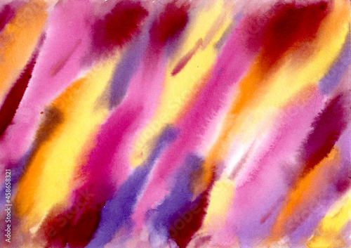 Multicolored watercolor Stains hand drawn abstract Background. Yellow, red, orange, lilac, violet and purple Stain colorful Spots and Splashes Blobs texture. Multicolor Backdrop of Spot for packaging