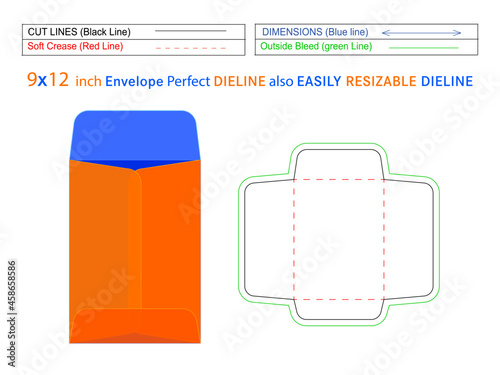 Catalog envelope or policy open end envelope 9x12 inch dieline template and 3D envelope editable easily resizable