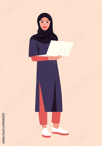 Portrait of a Muslim woman with a laptop. The Arabian student stands at full height. Vector flat illustration.