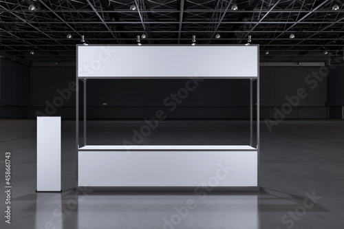 Exhibition stand for mockup and Corporate identity,Display design.Empty booth Design.Retail booth elements in Exhibition hall.booth Design trade show.Blank Booth system of Graphic Resources.3d render.