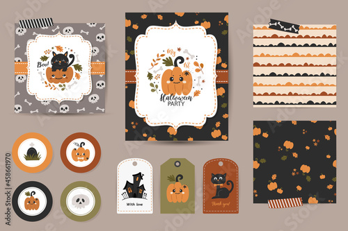 Set of Halloween invitations, thanks cards, tags and seamless patterns.