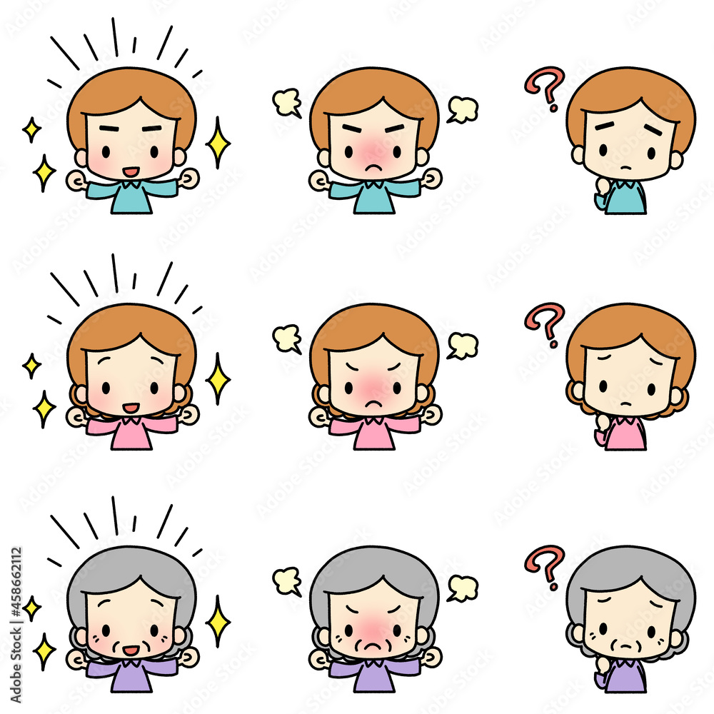 Illustrations of various facial expressions. Young people and the elderly. Illustrations of various facial expressions. Young people and the elderly.
