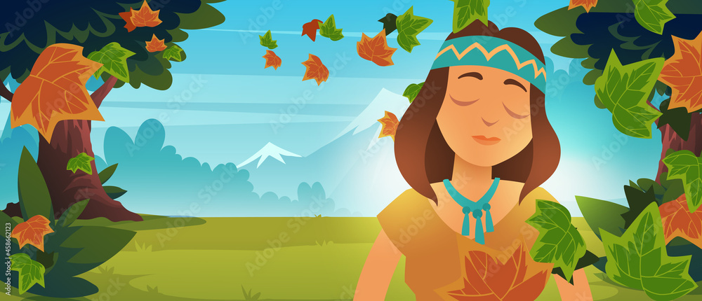Native Indian American girl in autumn forest. Vector cartoon landscape