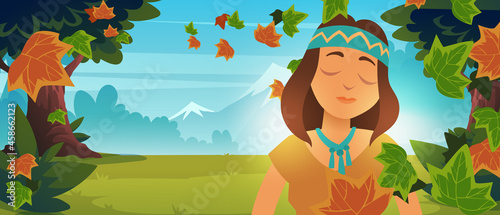 Native Indian American girl in autumn forest. Vector cartoon landscape with mountains, trees, green grass and falling maple leaves. Beautiful indigenous woman in traditional dress and headband
