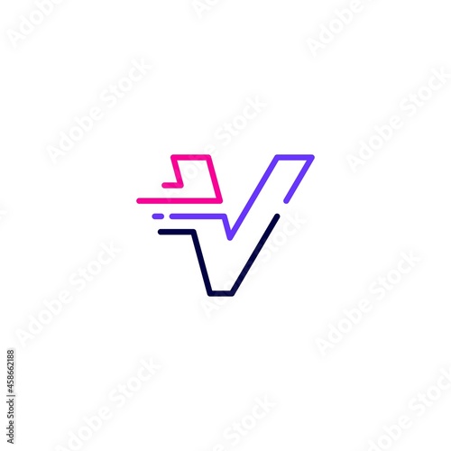 v letter dash lowercase tech digital fast quick delivery movement line outline monoline blue logo vector icon illustration