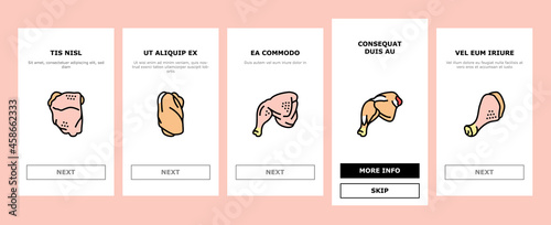 Chicken Animal Farm Raw Meat Food Onboarding Mobile App Page Screen Vector. Chicken Leg Quarter And Feet, Neck And Back, Wing And Drumstick Bird Body Parts, Heart And Liver Illustrations