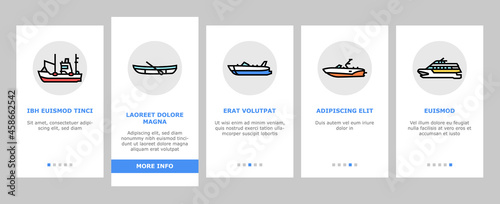 Boat Water Transportation Types Onboarding Mobile App Page Screen Vector. Runabout And Catamaran, Fishing And Bowrider, Motor Yacht And Cabin Cruiser Boat Illustrations