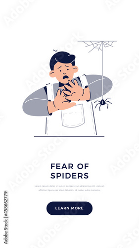 Fear of Spiders, Arachnophobia banner. Scared Child Character is afraid of spider. Phobias, Childhood Irrational Fears, Anxiety Disorder, Scared Faces emotion concept for web.Flat vector illustration