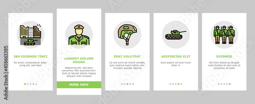Army Soldier And War Technics Onboarding Mobile App Page Screen Vector. Army Military Tank Machine And Air Plane, Artillery Weapon And Grenade, Ammunition And Parachute Accessories Illustrations