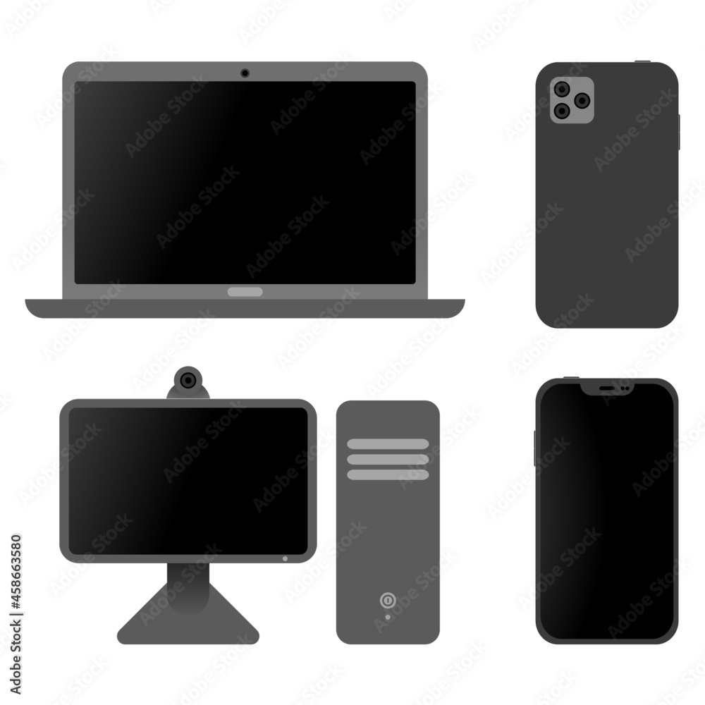 Isolated set of vector electronic devices: laptop, PC, smartphone, personal computer with webcam Isolated set of vector electronic devices: laptop, PC, smartphone, personal computer with webcam