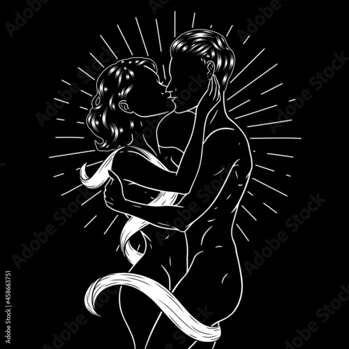 Woman and man kissing, beautiful sensual couple in love on space background. Vector illustration