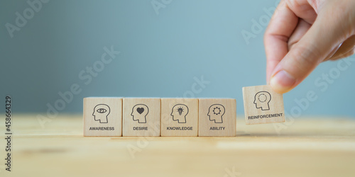 ADKAR model. Awareness, Desire, Knowledge, Ability, Reinforcement. Business Strategy. Change management concept.  Methodology for success of change. Businessman puts wooden cube with icon change model