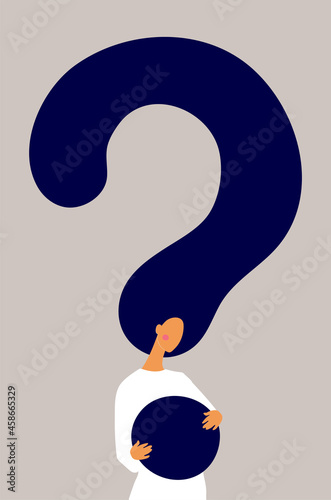 Woman and question mark, problem solving concept. Sad girl thinks hard thoughts. Flat vector illustration, modern design, psychological help concept.