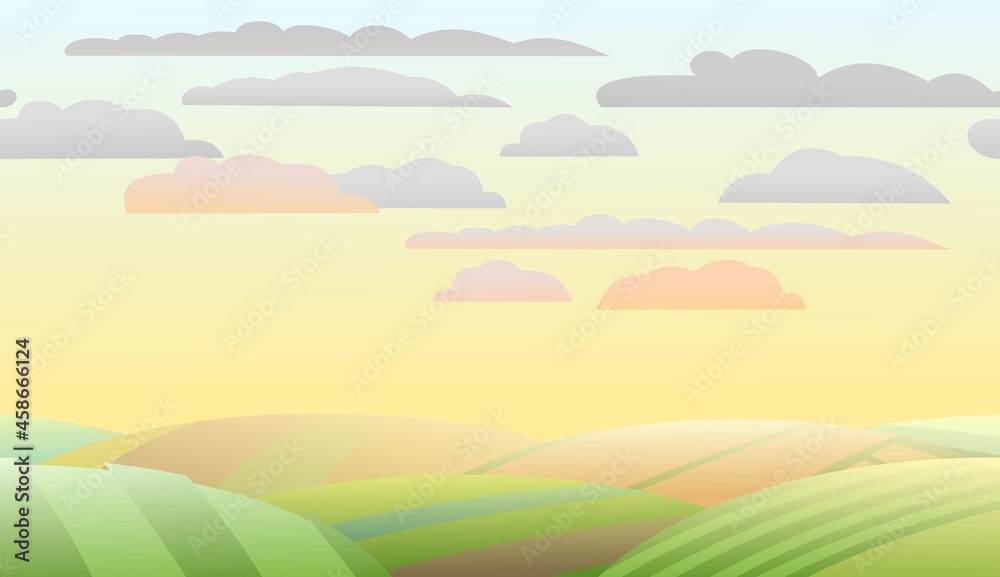 Rural vegetables and grassy hills. Farm cute landscape. Morning sunrise. Funny cartoon design illustration. Summer pretty sky. Flat style. Vector.