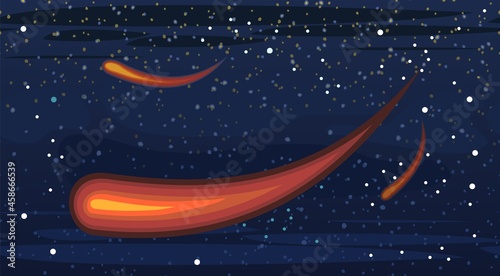 Cosmos background. Starry sky landscape. Planets and their satellites. A bright comet. Flat style. Cartoon design. Vector