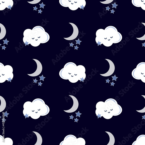 baby print cloud moon stars cute cartoon navy blue background seamless pattern
