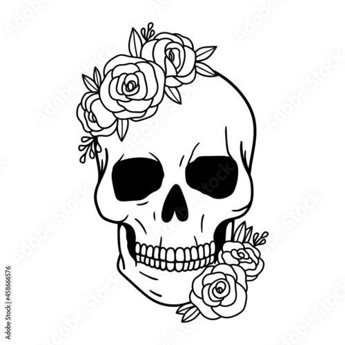Skull with flowers, with roses. Human skull portrait with floral wreath. Vector illustration isolated on white background. Sugar skull floral print for Halloween.