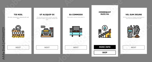 Quarry Mining Industrial Process Onboarding Mobile App Page Screen Vector. Quarry Mining Equipment And Machine Technology, Industry Iron And Coal Processing Illustrations