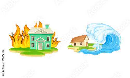 Natural disasters set. Fire and tsunami cataclysms cartoon vector illustration