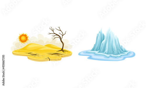 Natural disasters set. Drought and melting of glaciers cartoon vector illustration