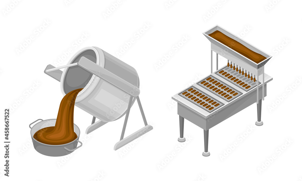 Chocolate production equipment set. Sweets processing machines vector illustration