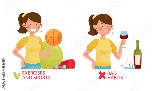 Harmful and useful habits for diabetes. Exercises and sports, bad habits vector illustration