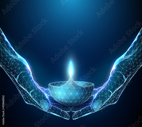 Abstract pair of hands holding Diwali glowing lamp