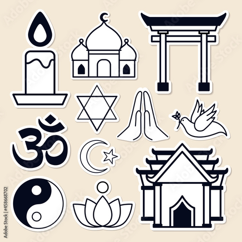 Mixed religious symbols sticker set vector