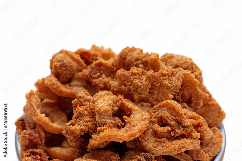 Fried crispy pork belly recipe on white background. Fried crispy pork belly recipe on white background.