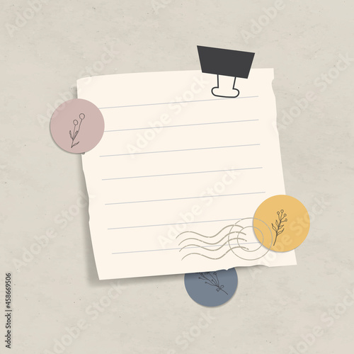 Blank lined notepaper set with a binder clip on textured paper background vector