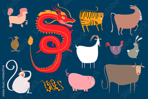 Chinese zodiac animals vector on blue background sticker set photo