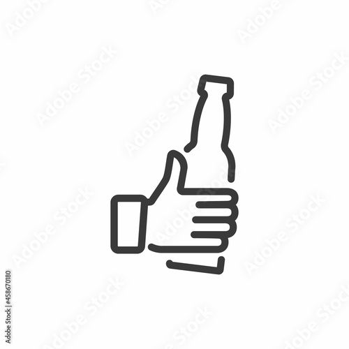 Hand holding beer bottle line icon.