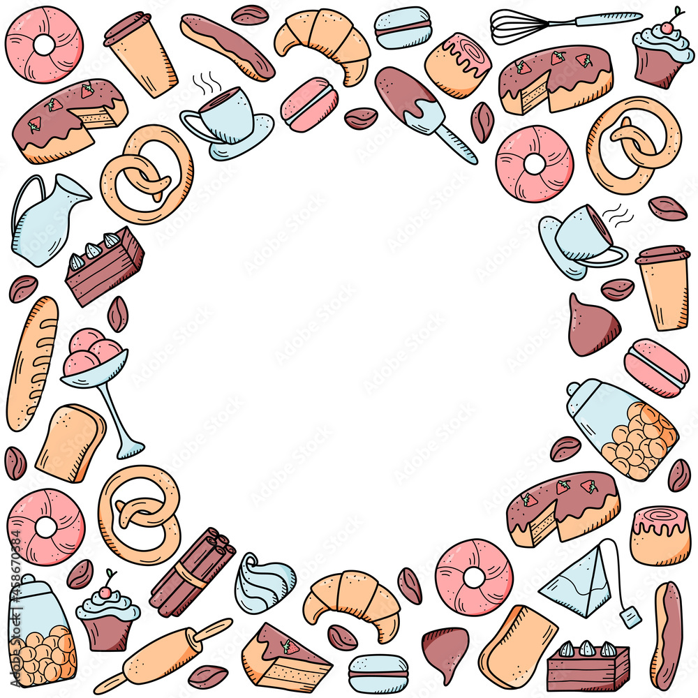 Fototapeta premium Vector elements of sweet snacks and pastries, coffee dishes. Excellent for decorating cafes and menus. Doodle icon style.