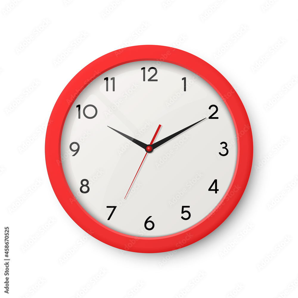 Vector 3d Realistic Red Wall Office Clock Isolated. White Dial. Design Template of Wall Clock Closeup. Mock-up for Branding, Advertise. Top, Front View Vector 3d Realistic Red Wall Office Clock Isolated. White Dial. Design Template of Wall Clock Closeup. Mock-up for Branding, Advertise. Top, Front View