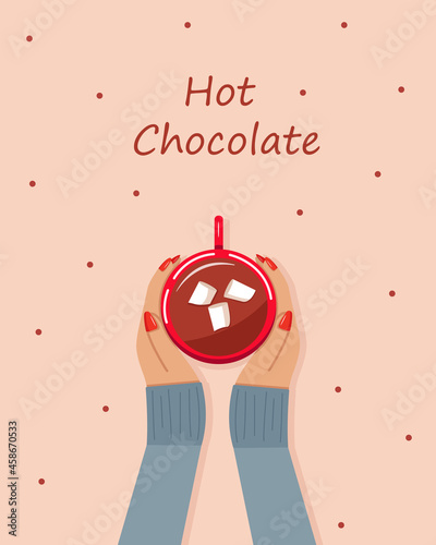 Women's hands hold a cup of hot chocolate with marshmallows. Top view. Vector illustration.