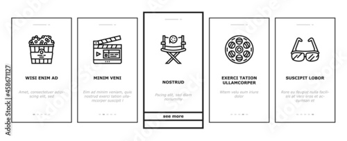 Cinema Watch Movie Entertainment Onboarding Mobile App Page Screen Vector. Booking Ticket And Buying Popcorn With Drink For Watching Film In Cinema, Projector And 3d Glasses Tool Illustrations